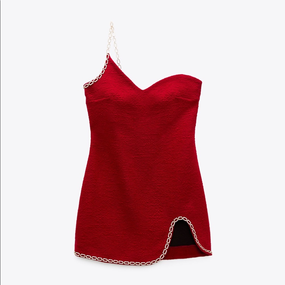 Zara Red Chain Trim Asymmetric Dress Dupe